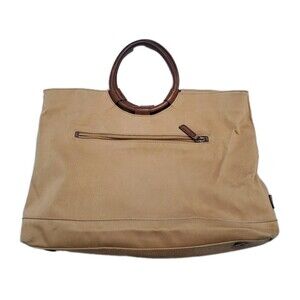 VINTAGE Fossil Canvas Handbag Leather Trim Circle Ring Round Handles Purse